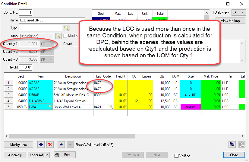 In Quick Bid, we used the same LCC more than once in the same Condition.