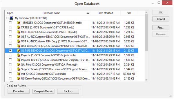 OST Open databases dialog box