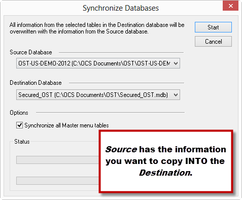 OST Synchronize Databases dialog box, collapsed
