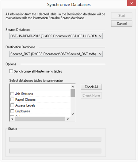 OST Synchronize Databases dialog box, expanded