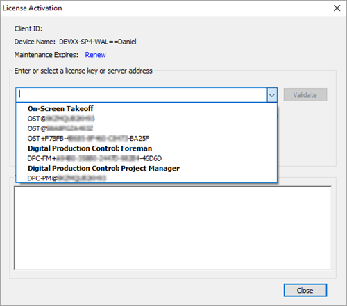 OST License Activation dialog box - recently activated licenses