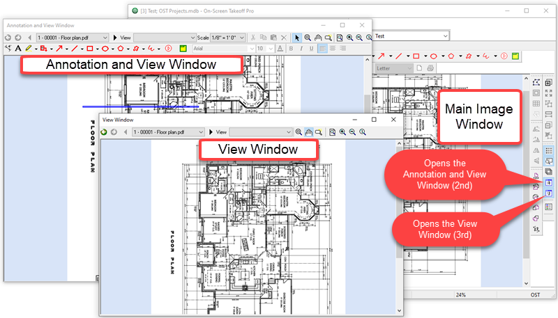 OST Image Tab - Main, Annotation and View, and View Windows labeled